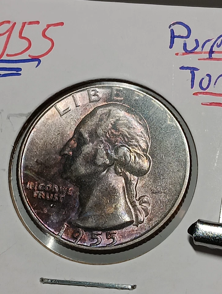 1955  Purple Toning  Washington Silver Quarter Bu Choice   - Image 3 of 4