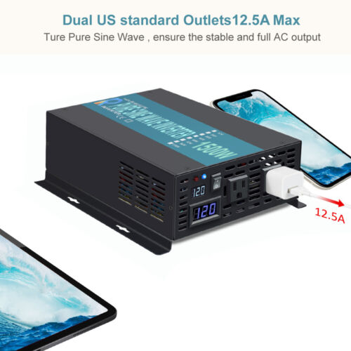 1500W Pure Sine Wave Power Inverter 12V Truck Motor Camp Home Boat RV Car Solar - Picture 2 of 8