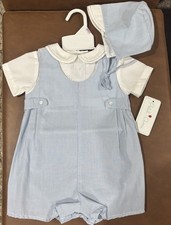 NWT Petit Ami Baby Boys Gingham Blue White Shortall Romper With Bonnet 12months