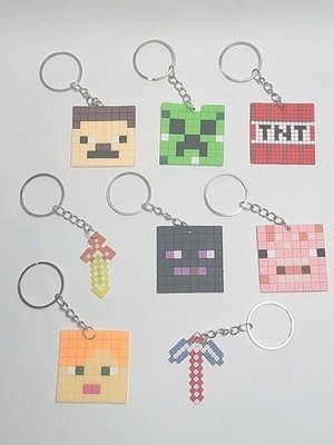 8 Minecraft Face Keychains Bag Clips Backpack Hangers 2D Flat 1-9/16'' Squares