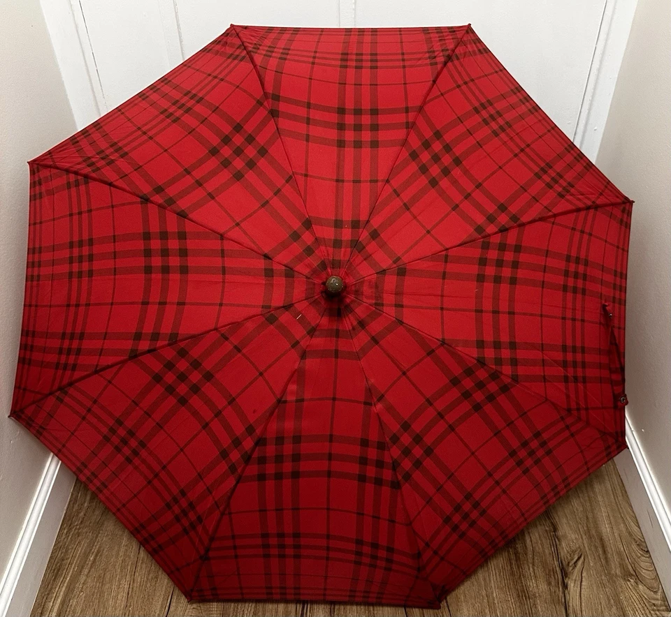 Burberry Red & Black Nova Check Full Size Umbrella w/ Wood Handle & Tip - Image 2 of 4