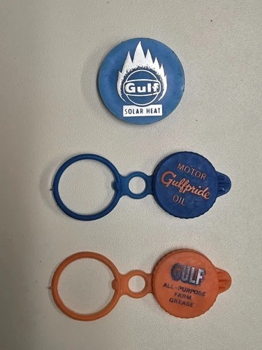 VINTAGE GULF OIL (GULF/GULFPRIDE/GULF SOLAR HEAT) SODA POP CAP COVERS w/NR!