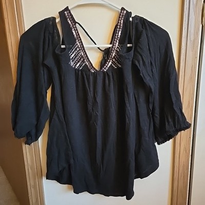 Charming Charlie Black Bohemian Cold Shoulder Long Sleeve Blouse Top Size M EX!