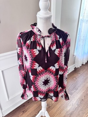 Loft Garden Smocked Lined Ruffle Tie Neck Blouse Size Small