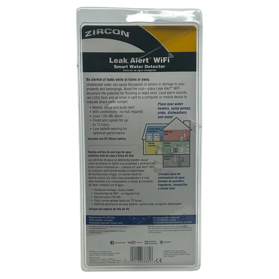 Zircon Leak Alert WiFi Smart Water Detector Audio & Visual Alerts New Sealed - Image 2 of 2