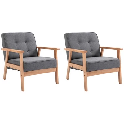 HOMCOM Accent Chair Linen Armchair w/ Armrests for Living Room Grey Natural - Image 1 of 4