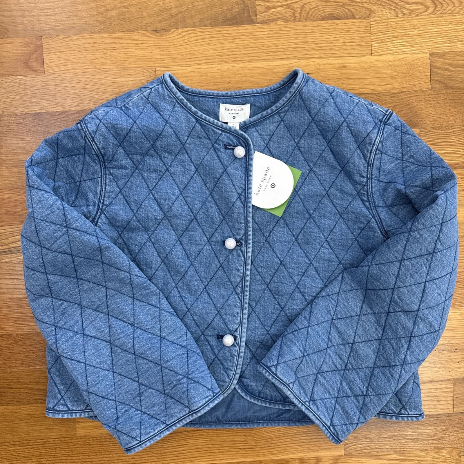 Giacca donna denim trapuntata nuova con etichetta Kate Spade New York x Target blu taglia M