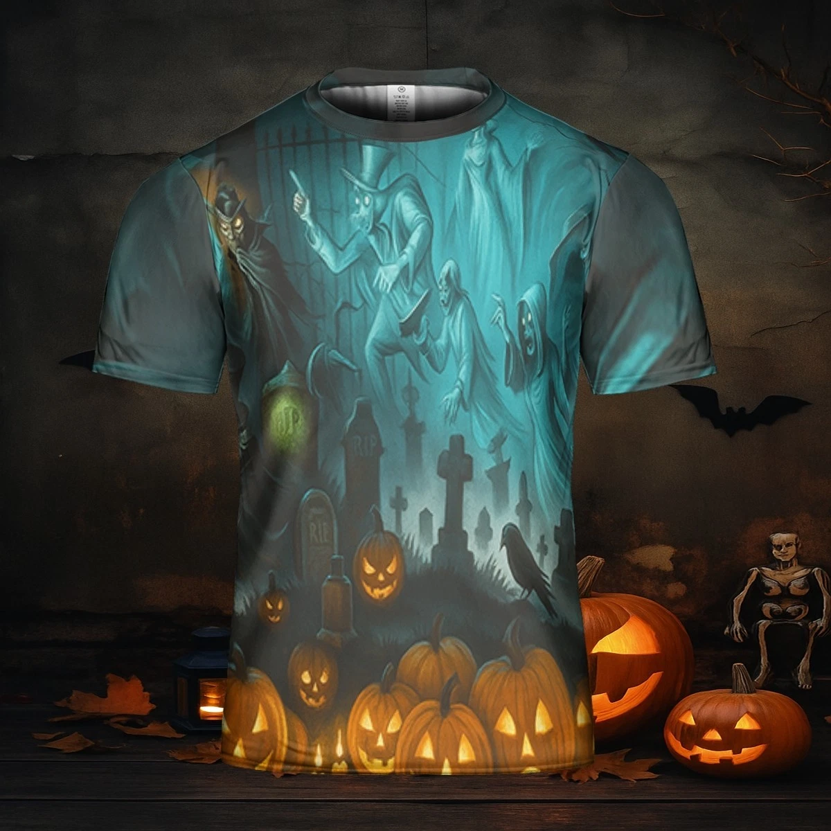 Haunted Graveyard Halloween 3D T-Shirt with Glowing Pumpkins