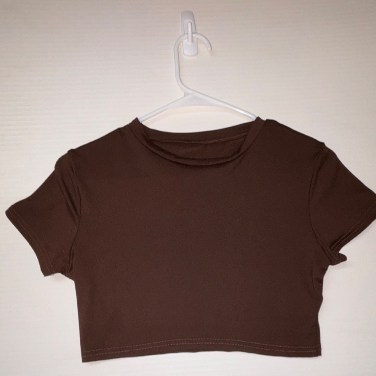 Women's Brown Cropped Short Sleeve Slim Fit Crew Neck Stretch T-Shirt S