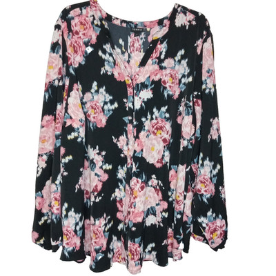 Torrid Button Front Blouse Studio Crepe De Chine Plus 5 5X Black Pink Floral Top