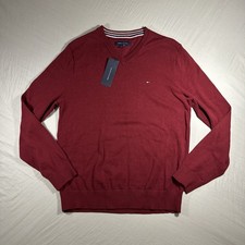 Tommy Hilfiger Men's Large V-Neck Sweater Burgundy Red Cotton Striped Collar NWT