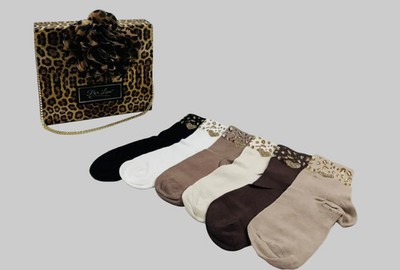 Leopard Gift Box with Floral Accent   12 Pairs of Fashion Socks, Assorted Colors
