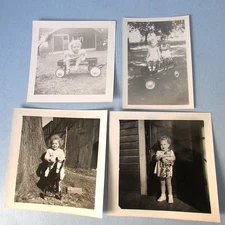 4 PHOTO Photograph Radio Flyer WAGON Riding Horse Doll Toy 1940s Child Vintage