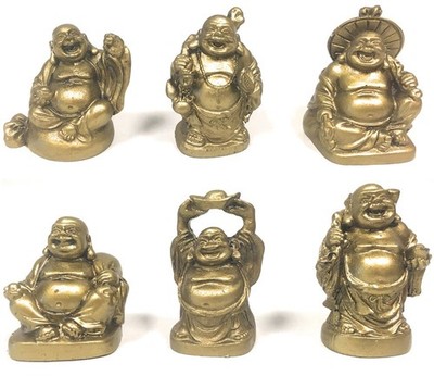 Amlong Crystal Laughing Buddha Figurine 2 inch Statue, 6 Piece Set, Gold 