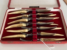 CASED SET OF 6 STAG ANTLER HORN STEAK KNIVES & 6 FORKS (G B WILSON- PITLOCHRY)