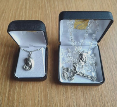 Mother's Embrace Madonna & Child Clear Rosary AND Matching Necklace Set Gift Box