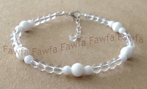 Natural 6mm 8mm White Jade & White Crystal Round Gemstone Beads Bracelet 7.5'' - Picture 2 of 3