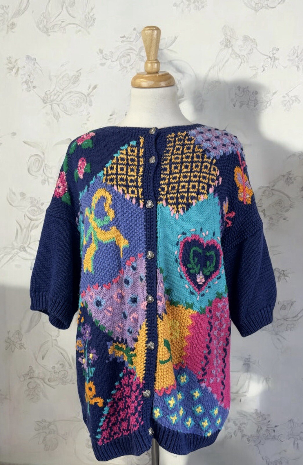 Patchwork Flower Button Up Knit Cardigan Sweater … - image 2
