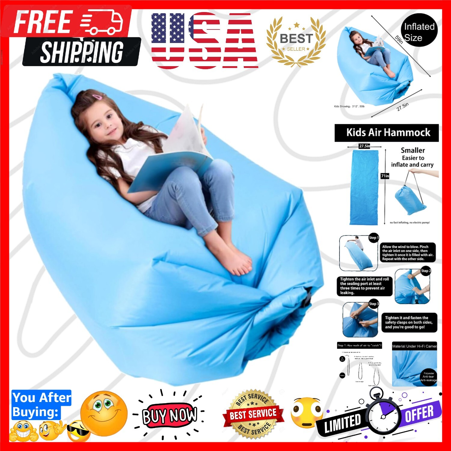 Blue Inflatable Camping Couch Easy-Inflate Kids Chair for