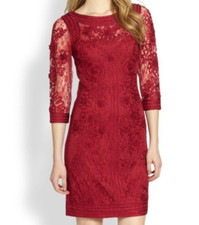 SUE WONG NOCTURNE Berry Red Ribbon 3D Soutache Lace 3/4 Sheer Sleeve Dress 4  S