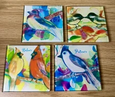 Glass Bird Drink Coasters 4” Footed Set of 4 Connection Peace Balance & Patience