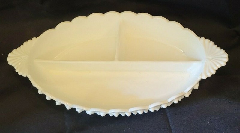 Vintage Fenton White Milk Glass Hobnail 3-Section Relish Dish - Scalloped Top