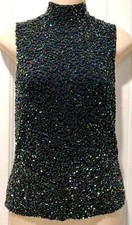 Vtg. Women's Top Carmen Marc Valvo Signature Sequin Sleeveless High Neck- Size S