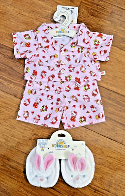 Build-A-Bear Sanrio Hello Kitty Clothes Pink Holidays PJ Set Bunny Slippers BNWT