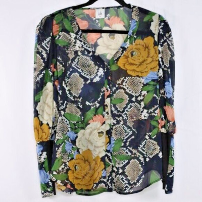 Cabi Top Size Medium Floral Button Down V Neck Sheer Gray Green Yellow