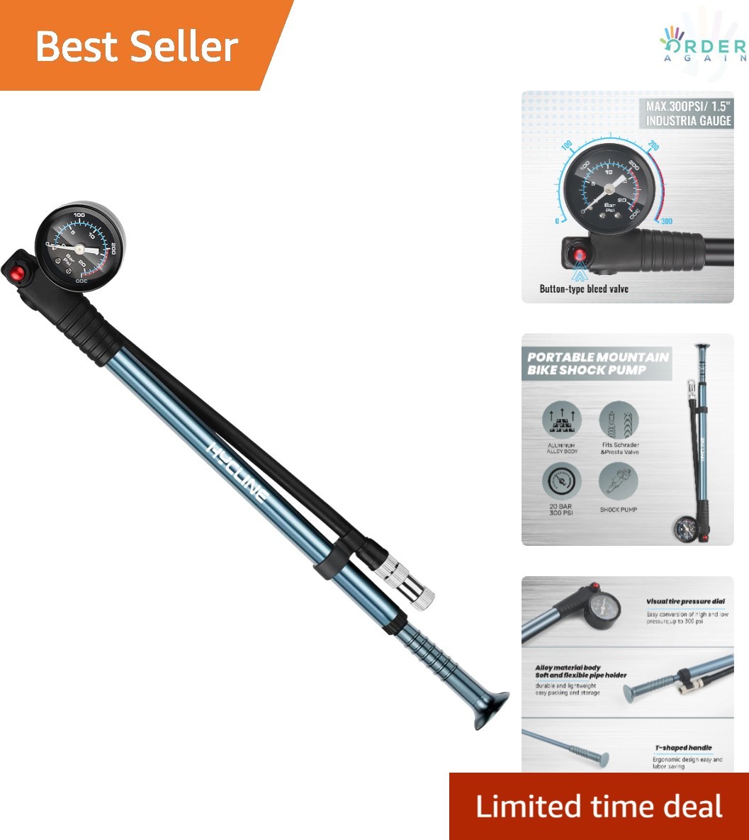 Bike Shock Pump High Pressure 300 PSI Aluminum Alloy with Gauge for Forks