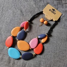 Colorful Wood Beaded Bib Necklace and Earring Set by Unique NWT
