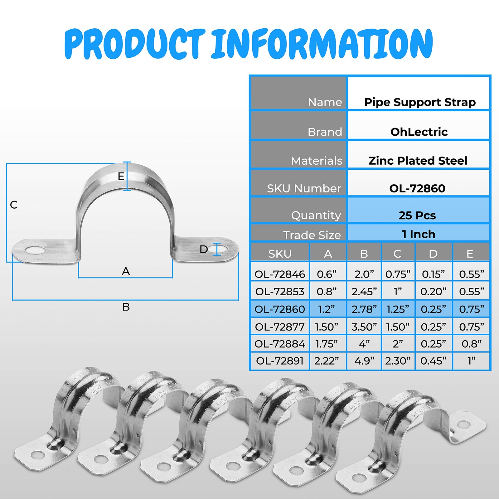 OhLectric Pipe Support Strap-Steel Strap with 2 holes-Heavy-Duty 1 inch U