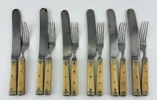 Antique MERIDEN CUTLERY COMPANY Bovine Bone Handled Fork & Knife Sets 12 Pieces