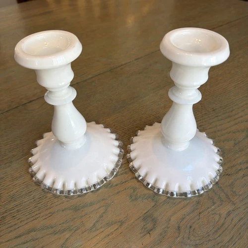 Pair Vintage Fenton Art Glass 6" Silver Crest Milk Glass Candlestick Holders🔥