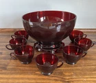 Vintage MCM Anchor Hocking ROYAL RUBY Glass Red Punch Bowl, Base With 7 Cups