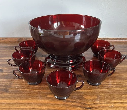 Vintage MCM Anchor Hocking ROYAL RUBY Glass Red Punch Bowl, Base With 7 Cups