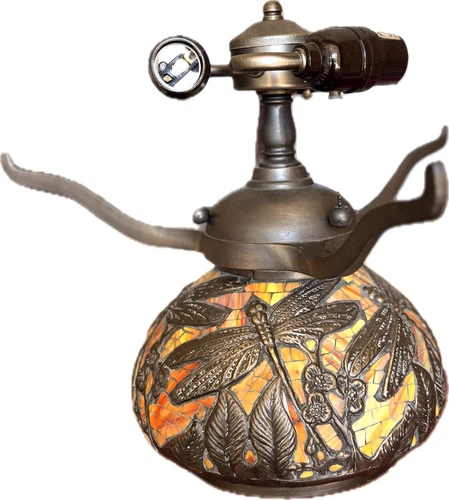Vintage Tiffany Style Stained Glass Dragonflies & Foliage Lamp Base Art Nouveau