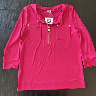 Anne Klein Women's Long-Sleeve Popover Pink Top Shirt With Zipper Sz M MSRP $69