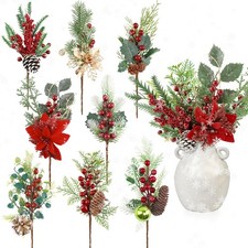 Large Assorted Red Berry Picks Stem 8pcs Artificial Christmas Berries Pine Pi...