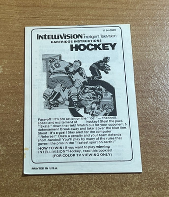 Intellivision BRAND NEW Manual : Hockey (Late Revision)