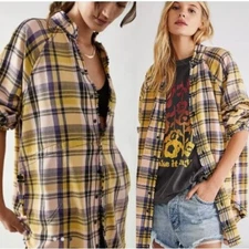 NWT FREE PEOPLE WE THE FREE Summer Daydream Plaid Button Down Peach Yellow Sz S