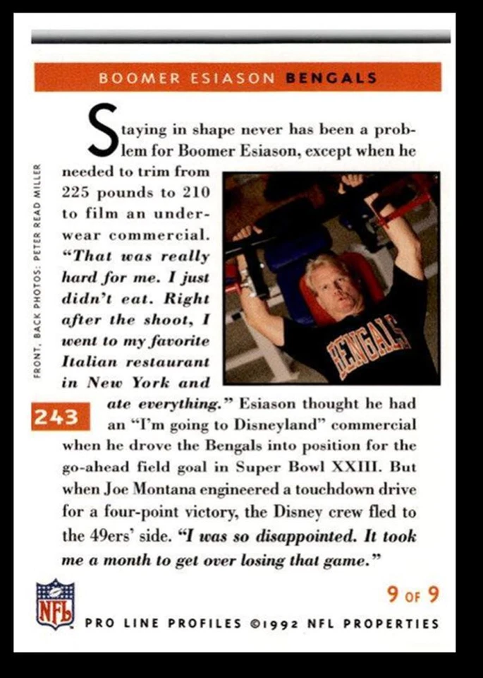 1992 Pro Line Profiles Boomer Esiason Cincinnati Bengals #243 - Image 2 of 2