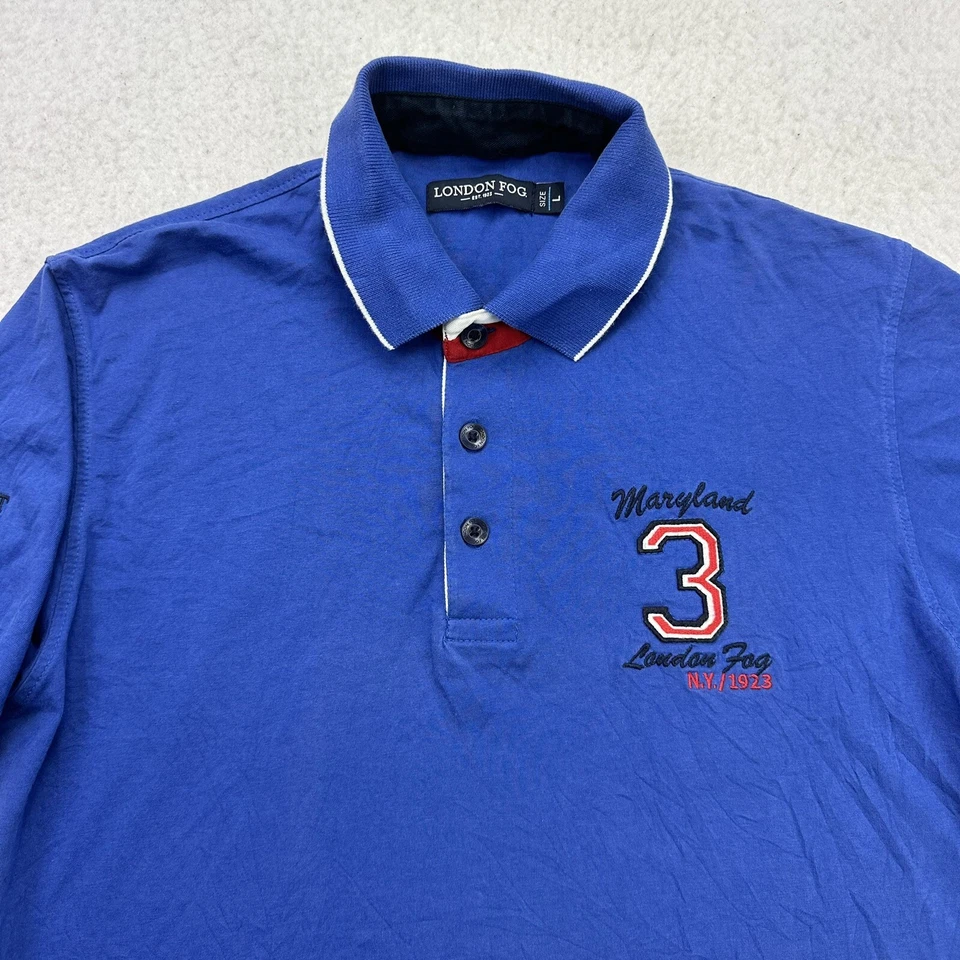 Camisa Polo London Fog Para Hombre Grande L Azul Rojo Maryland 3 Bordada Manga Corta Foto 3 de 4