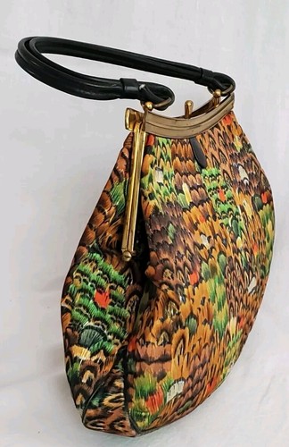 Bolso de mano clásico de mediados de siglo con estampado de plumas de otoño de seda de colección - Imagen 2 de 17