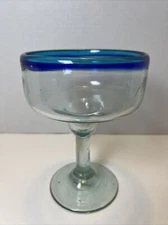 Mexican Hand Blown Glass Cobalt & Turquoise Blue Rimmed Margarita Glass