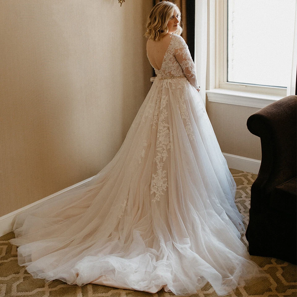 Preciosos Vestidos de Novia Cuello en V Mangas Largas Encaje Cuentas Talla Grande Vestido de Novia Foto 3 de 4