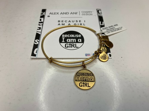 NEW Alex and Ani BECUASE I AM A GIRL CHARITY Gold Charm Bangle Bracelet NWT