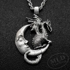 Gothic Dragon Guardian Spirit On Crescent Moon Amulet Pendant Necklace 24" Chain