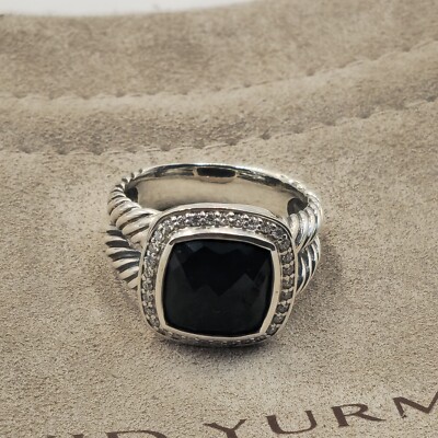 David Yurman Sterlingsilber 11 mm Albion Ring schwarzer Onyx & Diamanten Größe 7