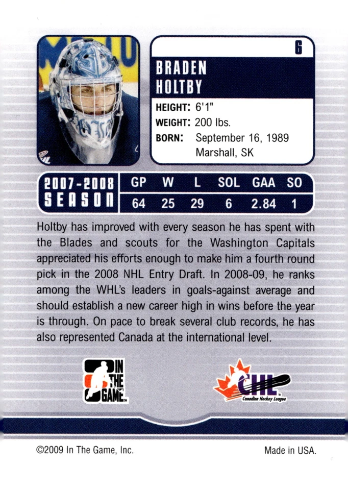 Braden Holtby - Signed 2008-09 ITG Between The Pipes Future Stars Card #6 - Image 2 of 2